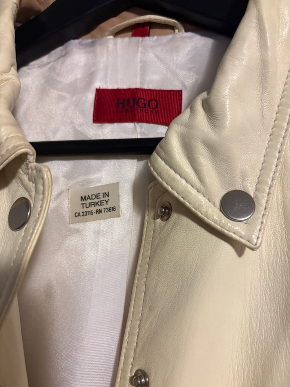 HUGO Cream Leather Longline Coat with Snap Front - Picture 2 of 8